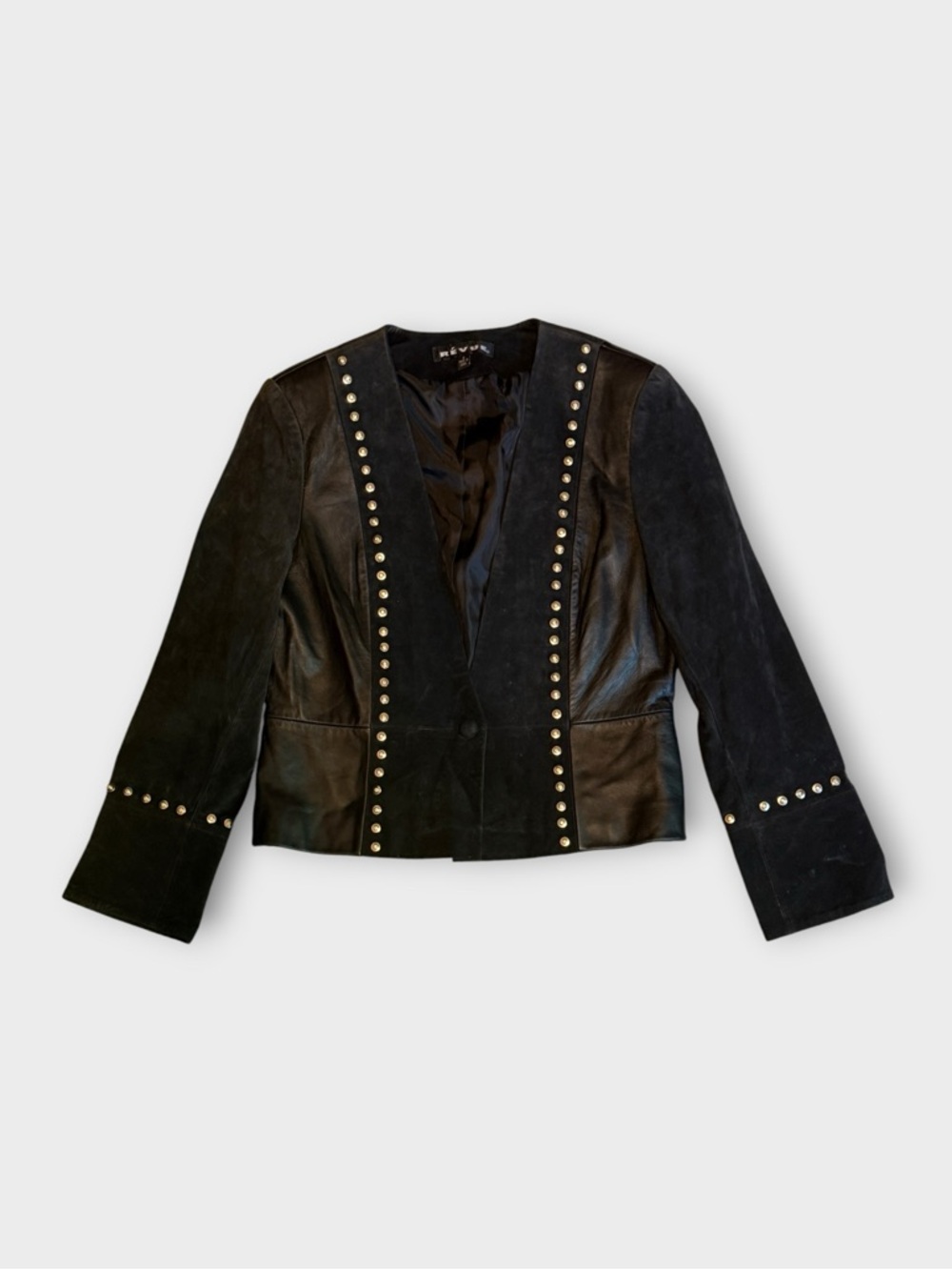 Vintage 90’s Révue Black Leather and Suede Studded Blazer SZ 6